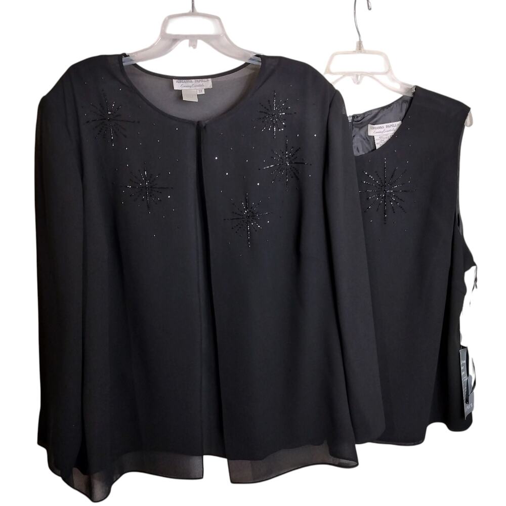 4308)Vtg Adrianna Papell Evening Black Beaded Semi Sheer Cardigan with Tank 3X
